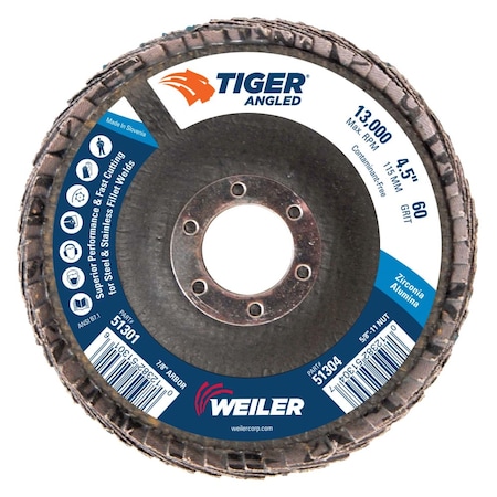 Weiler 4-1/2 Tiger Angled (Radial) Zirc Flap Disc 60Z 7/8 Arbor Hole 51301